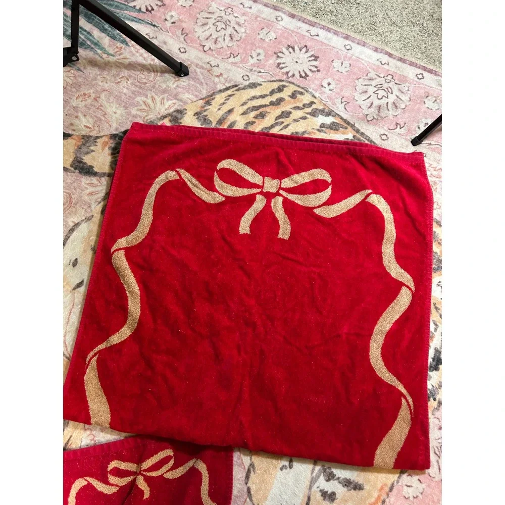 Juicy Couture Red Gold Bow Towel Set Hand Towel‎ Washcloth Cotton Viscose Home
